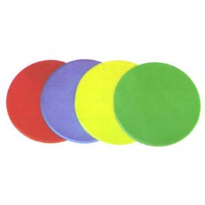 Indoor disk floor markers (red, blue, green, yellow)