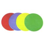 Indoor disk floor markers (red, blue, green, yellow)